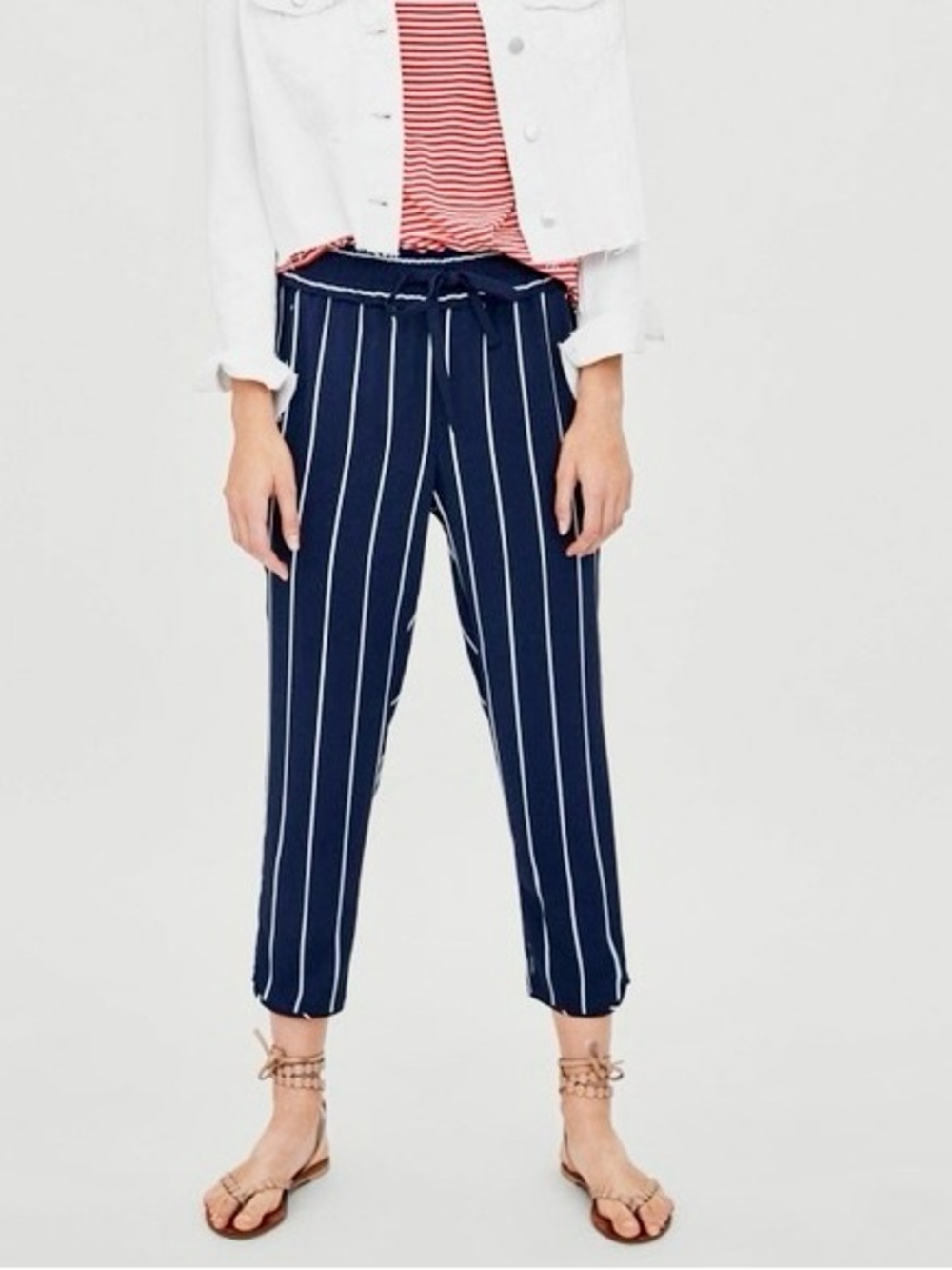 ZARA Navy Blue & White Stripe Paperbag Cropped Ankle Pants Elastic Waist LHP